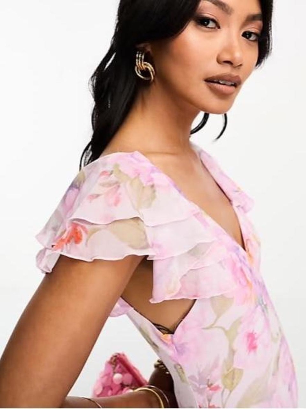 mango floral ruffle dress in pastel pink
